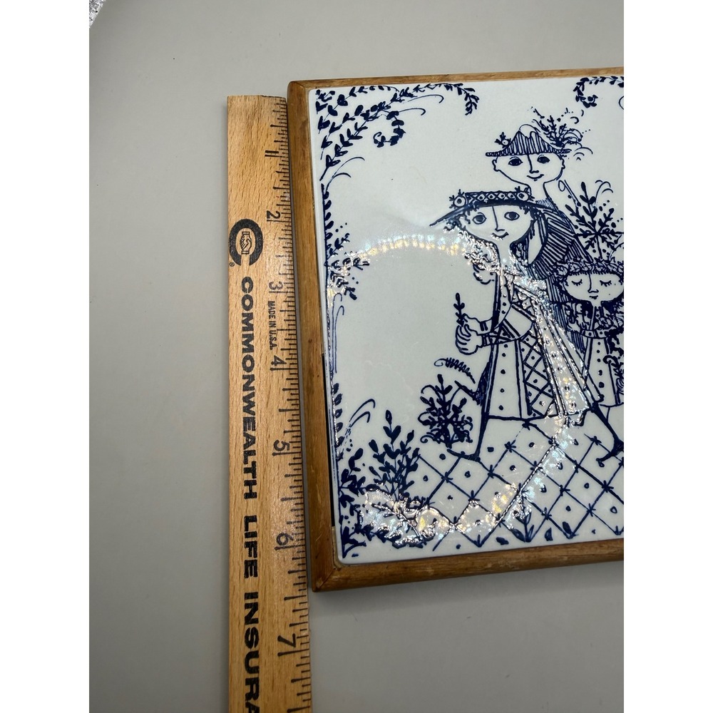 Vintage Bjorn Wiinblad Ceramic Trivet Blue White Danish Modern Wood Frame 6x6 - Picture 3 of 16